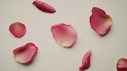 Poster - Rose Petals Scattered Flat Lay on White Background Delicate Floral Arrangement Romantic Aesthetic Top Down View