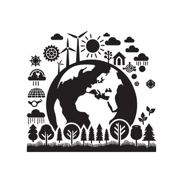 World Environment Day Silhouette Vector Illustration, Solid White Background.