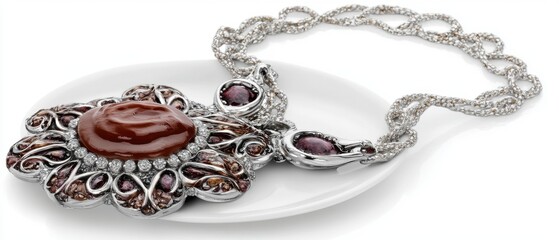 Poster - Silver necklace with brown stone on white plate studio shot jewelry fashion accessory luxury item close up