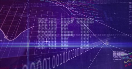 Poster - Binary bars forming four columns showing curved white line graph on purple grid, with ticker text