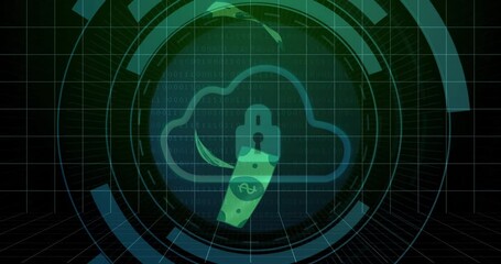 Poster - Cloud outline displaying padlock icon with currency bill emerging beneath, streaming binary digits