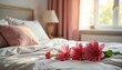 © Yapa - Cozy bedroom scene, flowers on a neatly made bed, soft lighting, Mother's Day theme , sunlight, roses, gift