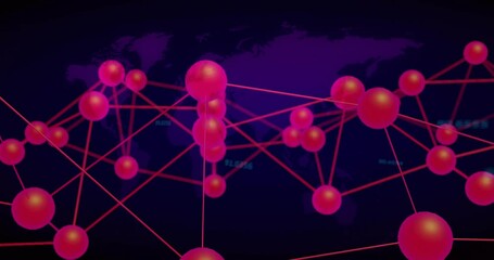 Poster - Glowing pink spheres network being visualized, showing connecting lines over purple map silhouette