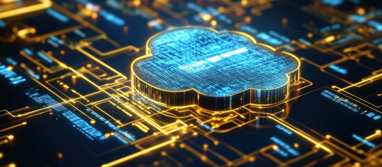 Poster - illuminated digital cloud computing symbol on circuit board background symbolizes data storage connectivity, innovation and modern cloud technology as infrastructure