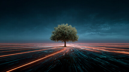 Poster - Lone tree digital landscape nature wallpaper background abstract art futuristic technology concept