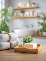 Aufkleber - Spa scene featuring towels soap and succulent on wood counter in bright bathroom interior close up