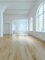 Fototapete - Interior view of empty room with arched windows and wood floor in minimalist style architecture photography