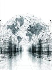 Poster - Global network visualization showing world map with interconnected lines and nodes on a reflective surface abstract futuristic style