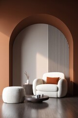 Poster - Interior design armchair and ottoman in arched room studio shot warm tones modern minimalist style home decor