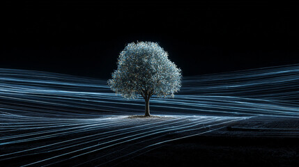 Poster - Lone tree on digital landscape futuristic technology background concept for wallpaper or presentation