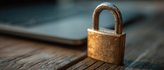 Fototapete - Golden Padlock Securing Laptop on Rustic Wooden Tabletop Close Up Security Concept Data Protection Information Safety