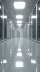 Aufkleber - Clean Server Room Hallway Perspective View with Rows of Data Racks and Bright Lights in a Modern Data Center