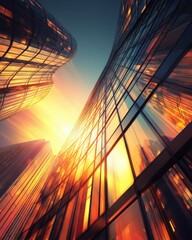 Poster - Worm's-eye view of modern architecture with glass facade reflecting golden sunset light in urban setting