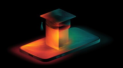 Poster - Online Education Concept Isometric View Graduation Cap on Smartphone Screen Digital Learning Platform Illustration