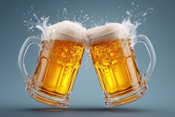 Poster - Two Beer Mugs Toasting with Splash Close Up Studio Shot Celebration Refreshment Cheers Drink Alcohol