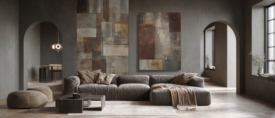 Poster - Interior design showcasing a modern living room with textured walls and minimalist furniture, eye-level shot, studio