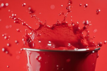 Poster - Red liquid splash in glass cup against matching background studio shot close up dynamic action vibrant color