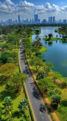 Aufkleber - Aerial View Jakarta Skyline and Lake, Urban Park, Cityscape, Green Space, Road, Trees, Blue Sky, Indonesia