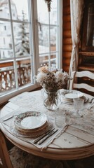 Poster - Rustic Table Setting with Flowers by Window in Cozy Cabin Interior Still Life Close Up View