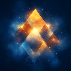 Poster - Abstract geometric design with vibrant light effects.  Intertwined diamond shapes, golden and azure hues, glowing with a radiant aura.  A mystical, futuristic energy