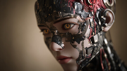 Poster - Futuristic female cyborg robot ai artificial intelligence face close up concept art design model render