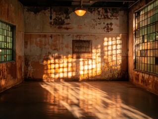 Poster - Abandoned room interior with sunlight through windows creating shadows on the wall and floor in an old industrial building