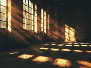 Poster - Sunlight streams through windows of abandoned building casting shadows on floor in dramatic light