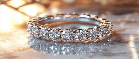 Poster - Eternity Band Close Up Shot on Marble Surface with Soft Lighting for Luxury Jewelry Advertisement and Engagement Ring Promotion