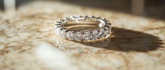 Poster - Eternity Band Ring Close Up on Marble Surface Luxury Jewelry Still Life Wedding Engagement Anniversary Gift Idea