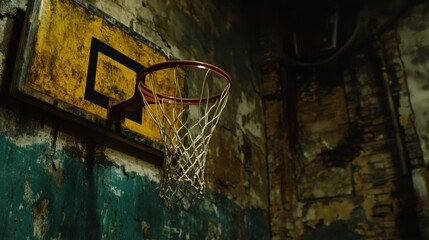 Poster - Urban Basketball Hoop Still Life in Abandoned Building Low Angle Shot Moody Lighting