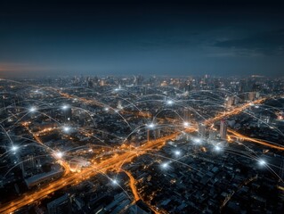 Poster - Aerial cityscape at dusk with digital network connections spanning across buildings and roads in a modern metropolis showing communication and technology