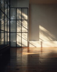 Poster - Sunlight streaming through window casting shadows on wood floor and textured wall in empty room interior detail
