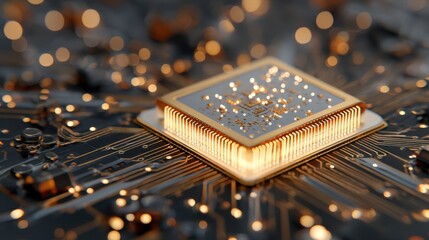 Poster - Close-up of Computer Processor on Circuit Board with Bokeh Lights Digital Technology Concept High Angle View