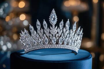 Poster - Close up studio shot of a sparkling diamond crown on a blue velvet cushion against a dark blurred background