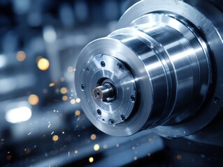 Poster - Metalworking lathe in action with sparks flying close up shot industrial precision engineering process manufacturing