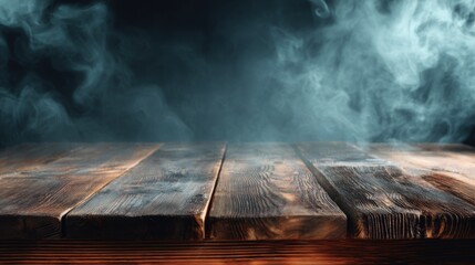 Poster - Rustic Wooden Tabletop with Atmospheric Smoke Background, Low Angle Shot, Studio Setting for Product Display or Food Photography