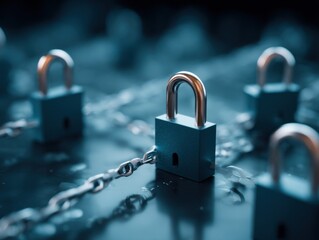 Poster - Padlocks and Chains Interconnected Representing Security and Blockchain Technology Close Up View on Dark Surface