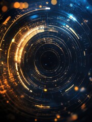 Aufkleber - Abstract technology rings glow in concentric circles with digital data stream in dark blue and gold tones