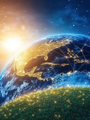 Aufkleber - Earth from space showing North America at night with network connections and green grass horizon concept