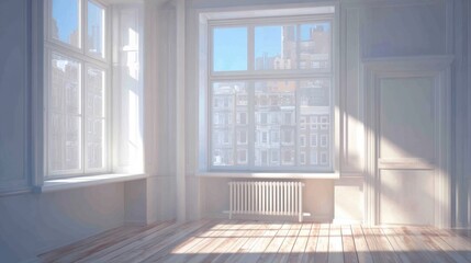 Aufkleber - Bright Empty Room Interior with Sunlight Streaming Through Windows View of City Buildings Radiator and Wooden Floorboards