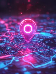 Aufkleber - Neon Location Pin on Digital Map Futuristic Glow Technology Concept Close Up Abstract Cyberpunk Style Navigation