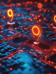 Poster - Glowing Location Pins on Circuit Board Close-Up Digital Illustration of Tech Connectivity and Navigation Futuristic Design