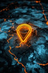 Poster - Glowing Location Pin on Cracked Surface Abstract Close Up View Navigation Concept Destination Finder Technology Theme