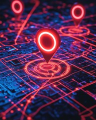 Poster - Red location pin hovering over a futuristic map with neon lines and glowing circles in a dark blue environment