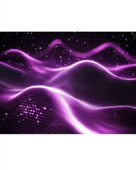 Poster - Abstract Purple Digital Landscape with Glowing Particles and Wavy Surface in Low Angle View for Tech Background
