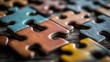 © Duskcraft - Wooden Puzzle Pieces Interlocking on Rustic Tabletop Macro Close Up Overhead View Teamwork Concept