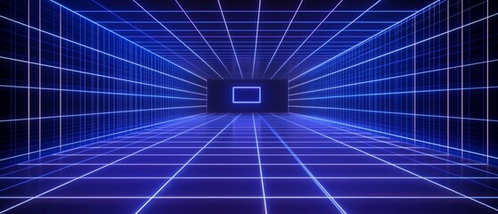 Fototapete - Abstract technology blue grid tunnel, future cyberspace digital connection