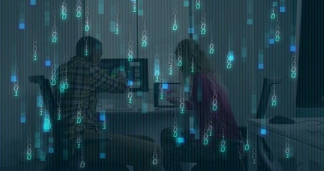 Poster - Coworkers tapping keyboards while viewing monitors in office, showing falling binary code overlay