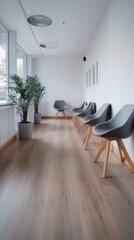 Poster - Modern Waiting Room Interior with Gray Chairs and Potted Plants, Clean Lines, Minimalist Design, Wood Floor, Bright Light, Clinic Setting
