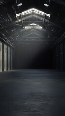Poster - Interior of Empty Dark Warehouse with Skylights, Industrial Look, Low Angle, Dramatic Lighting, Urban Exploration